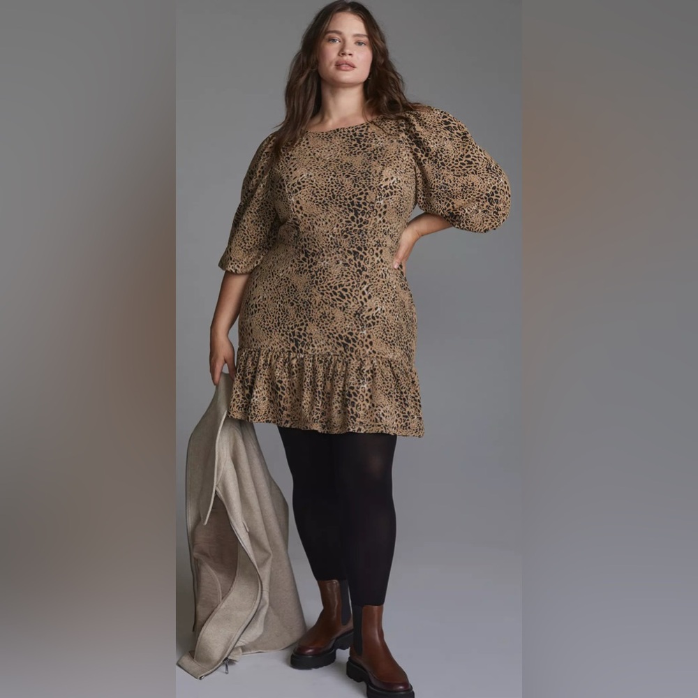 Anthropologie Maeve tie back Leopard Print Long Sleeve Dress. Size 6.